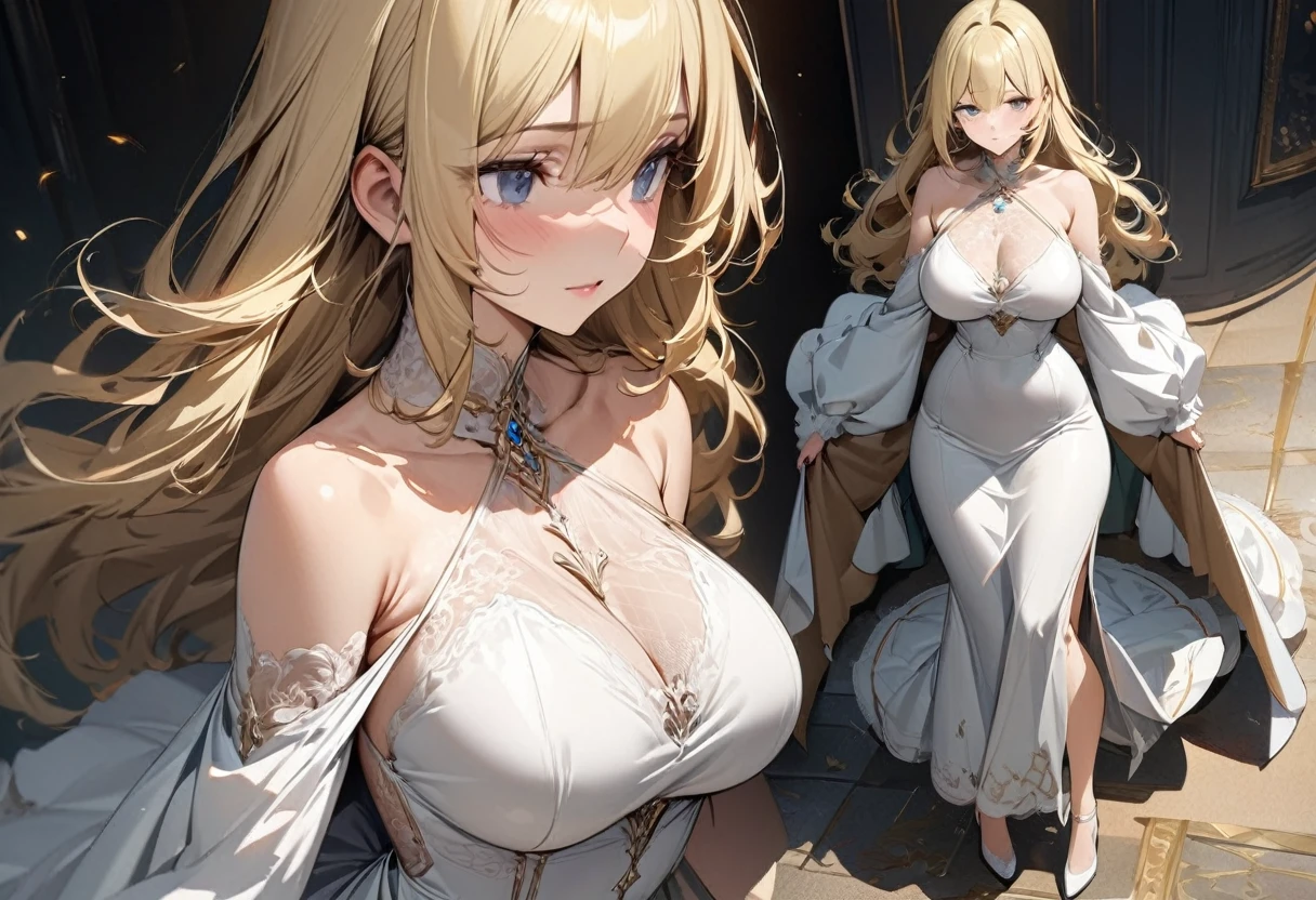 Best image quality, Excellent details, Ultra-high resolution, Best illustrations, Favorite Details, Very condensed one girl, Delicate and beautiful features, Woman with long blonde hair and large breasts in a dress, full body, three views from front, back and side, to many pose