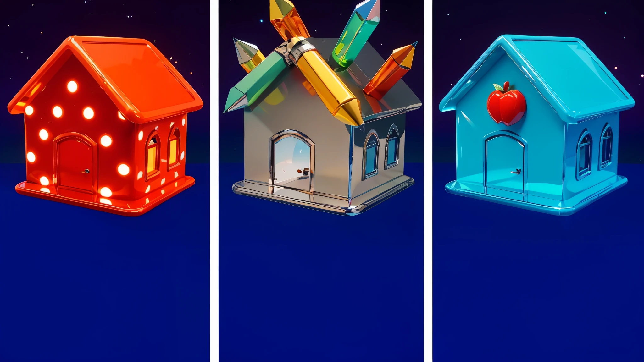 two cartoon characters standing next to each other, Electricsbunny, Holographic creatures, Beeple and Jeremiah Ketner, 🐋 as 🐘 as 🤖 as 👽 as 🐳, Rabbids at a metal concert, cute 3D rendering, 3D icon for mobile game, robot rabbit, Shiny metallic, 3D персонажи violet cat toy, toy cat laying on glossy metalic floor, glossy texture, smooth 3d model, multiple light sources, rim light, sharp post effects render, (glossy metallic texture with multiple big light probe refractions), perfect cgi, cgi art created only with gradients, smooth silhouette, high intensity refraction, (super glossy chrome material), most beautiful vfx, blue background, chrome metal refractions