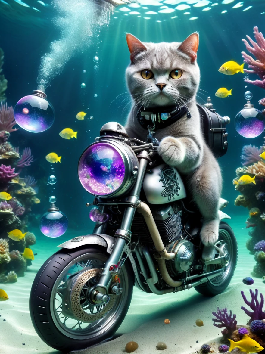 Underwater scene，(diving)，british shorthair cat，solo, Racing on a motorcycle under the sea，(穿着diving服)，(Carrying an oxygen cylinder on his back)，Black tones，(Purple:0.5)，Rune Inlay, (lemon green:0.8) Glowing magic fog. wizardcoreai 