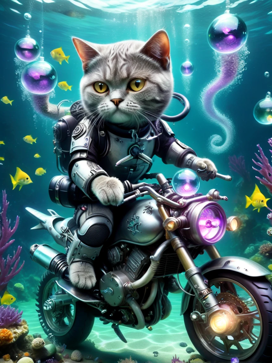 Underwater scene，(diving)，british shorthair cat，solo, Racing on a motorcycle under the sea，(穿着diving服)，(Carrying an oxygen cylinder on his back)，Black tones，(Purple:0.5)，Rune Inlay, (lemon green:0.8) Glowing magic fog. wizardcoreai 