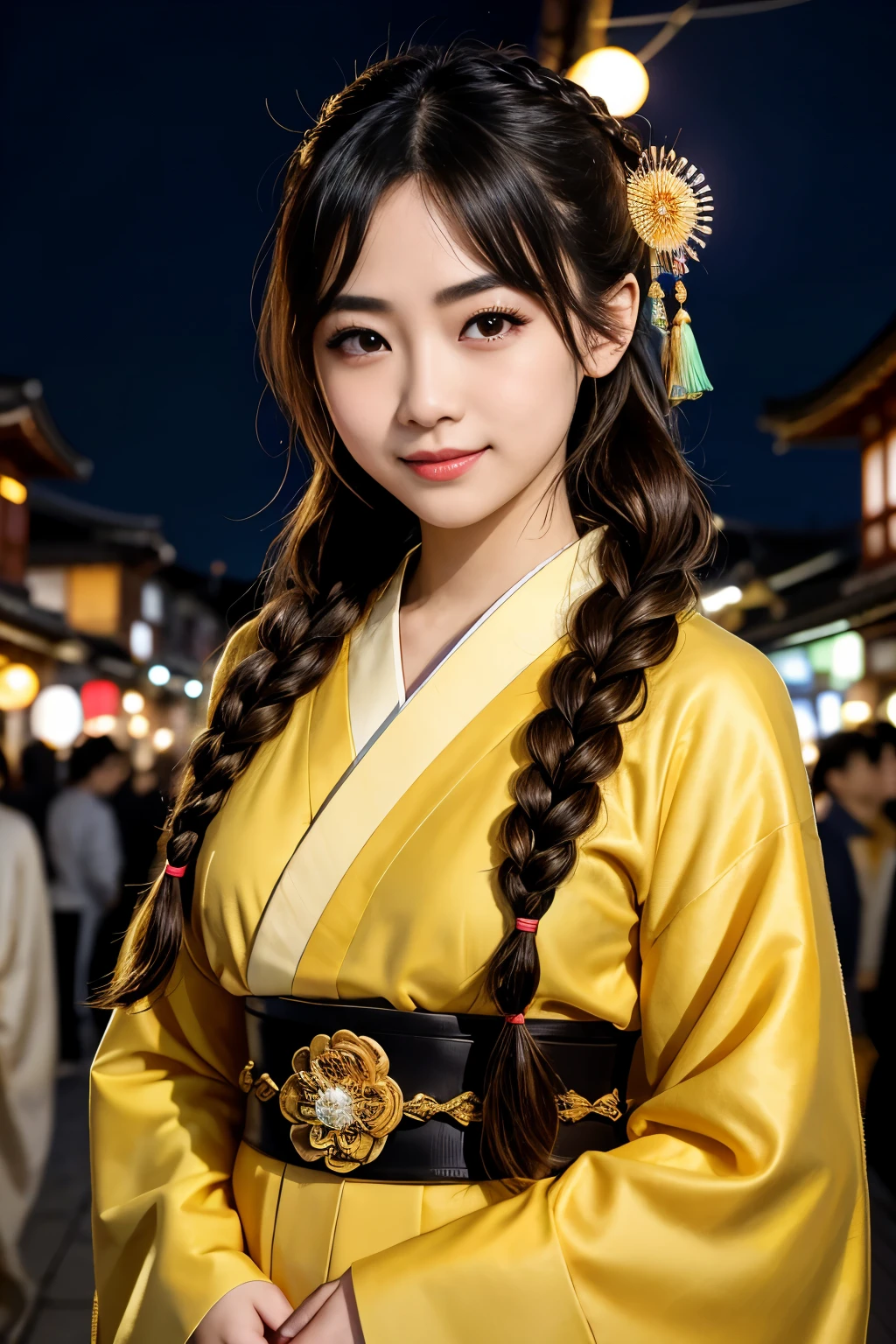 J-Pop Idol: 1.2、Mix 4、Japanese female 1 person,23 years old,(Thin eyebrows: 1.4),Sparkling brown eyes,clear amber eyes,Bunhead,Two braids tied together、Ancient Capital,Kyoto、Beautiful detailed sky、street,(crowd:1.2),night、kimono,kimono、Happy,smile,Anatomically accurate depiction、