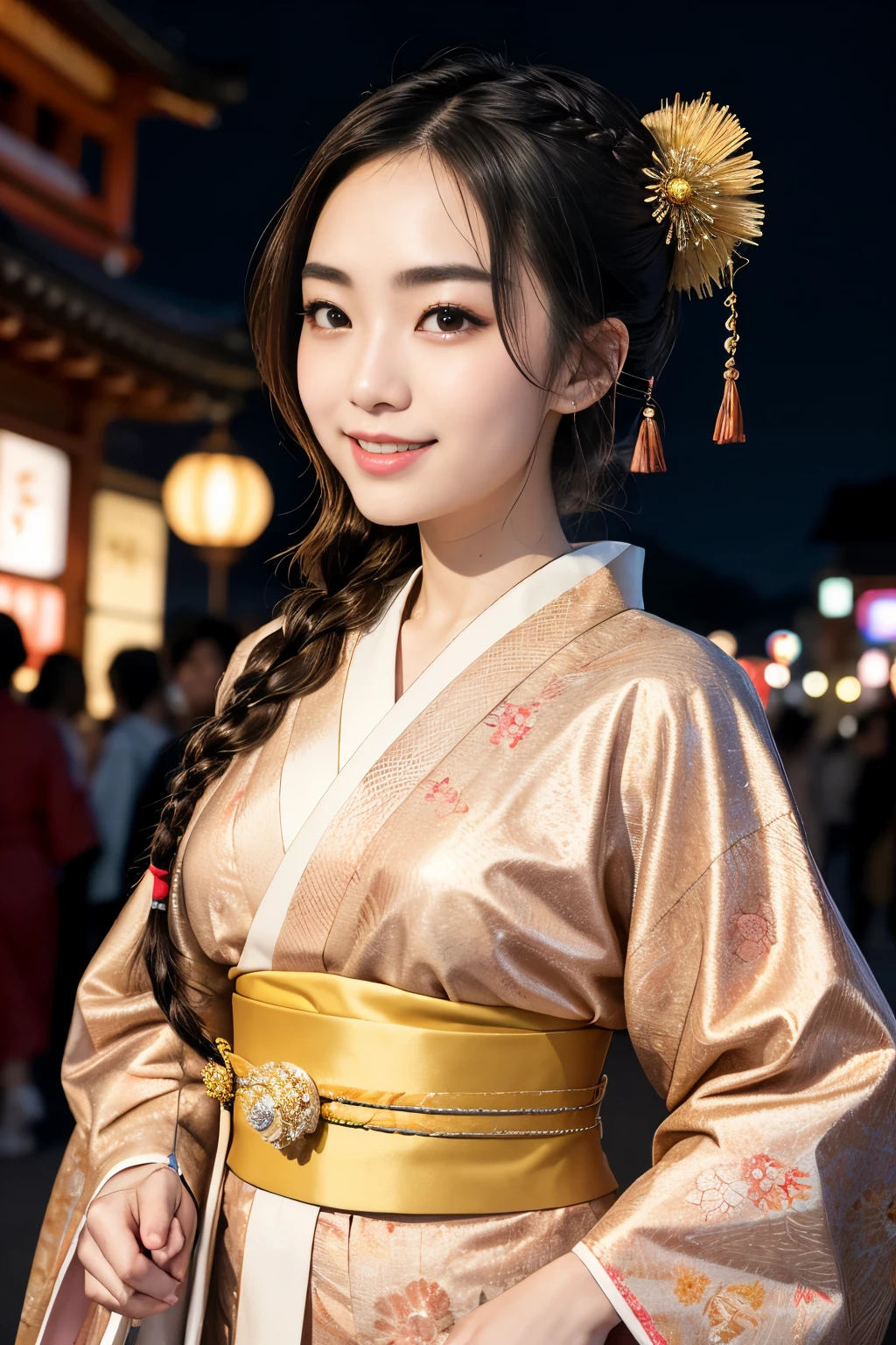 J-Pop Idol: 1.2、Mix 4、Japanese female 1 person,23 years old,(Thin eyebrows: 1.4),Sparkling brown eyes,clear amber eyes,Bunhead,Two braids tied together、Ancient Capital,Kyoto、Beautiful detailed sky、street,(crowd:1.2),night、kimono,kimono、Happy,smile,Anatomically accurate depiction、