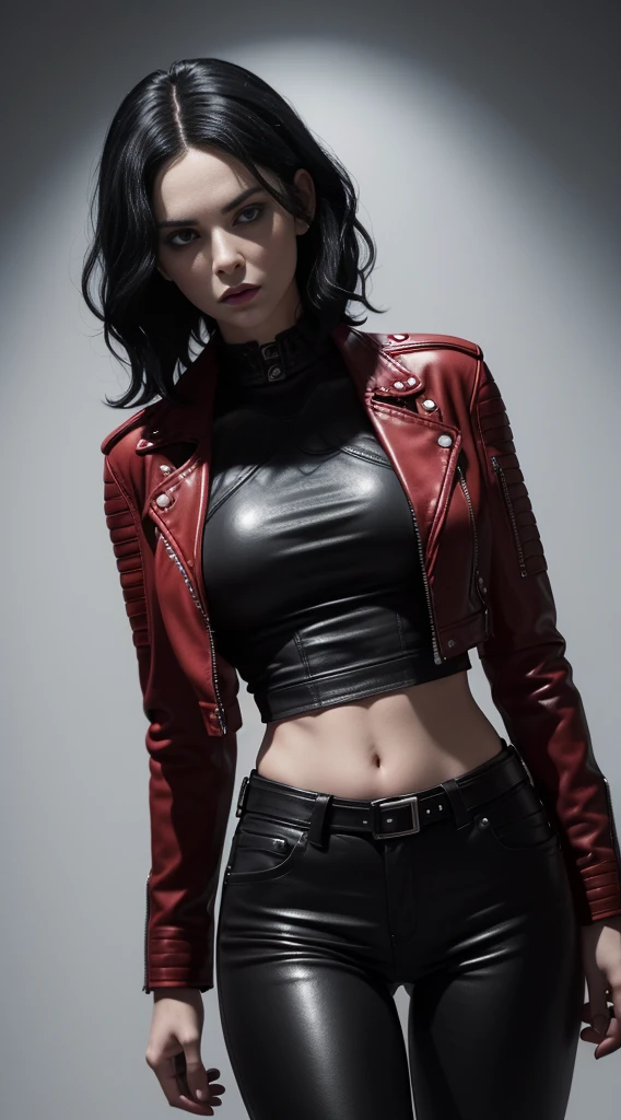 (Selene from Underworld wearing red leather jacket, black tanktop and black pants), (bob wavy black hair), (pale skin), (serious face), (solid color background), dynamic angle shot, dynamic pose, studio lighting, photo realism, intricate face detail, intricate hand details, highly detailed, vibrant colors, cinematic, high definition, trending on Artstation--style raw