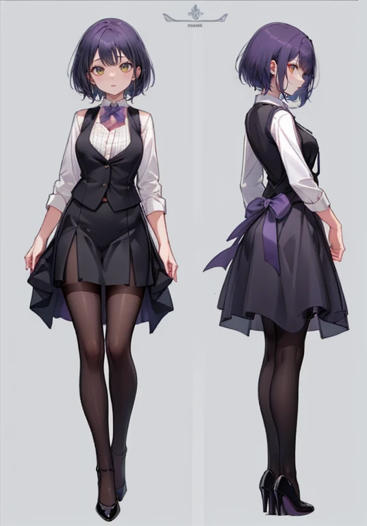 ((Perfect Face)),Purple Hair,short hair,1 female,bartender,,Black vest,skirt,slit,High heels,((Simple light color background)),((smile)),((Full Body)),((full body)),Character Sheet,upright,