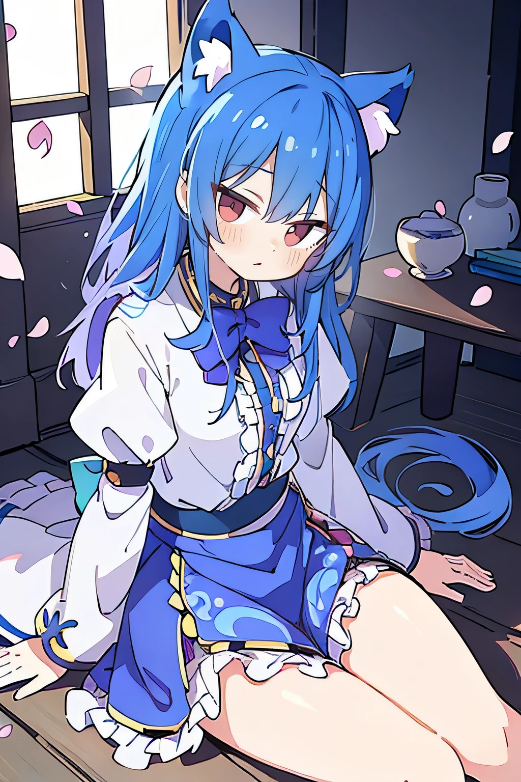 (masterpiece:1.2),ultra-detailed,realistic,expressive eyes,fair-skinned,perfectly shaped face,1girl,
Japanese cartoons,Gorgeous blue hair, flowing blue hair,floating clothes,cat ears,petals falling,beautiful Lola,Hina Angel,
hands on waist,gracefully sitting on the ground,legs crossed,gentle and serene background,cool and comfortable pavilion.