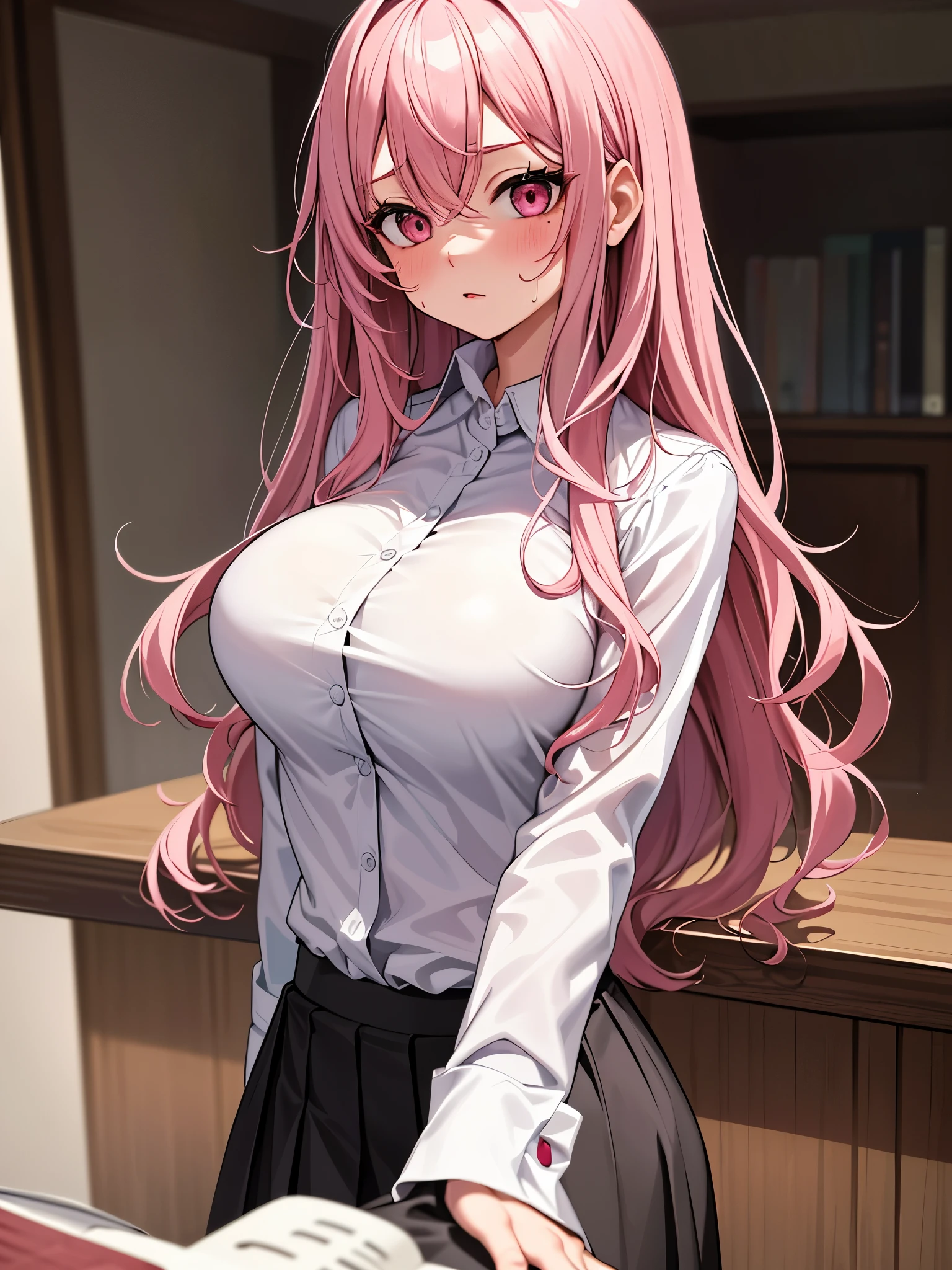 (masterpiece,highest quality, detailed), One girl, alone, indoor, night, Upper Body, Sweat, Ahegao, Roll your eyes, blush, naked、Pink Hair,Messy wavy long hair,open chest white shirt、A tight-fitting shirt、Black flared skirt、Big Breasts