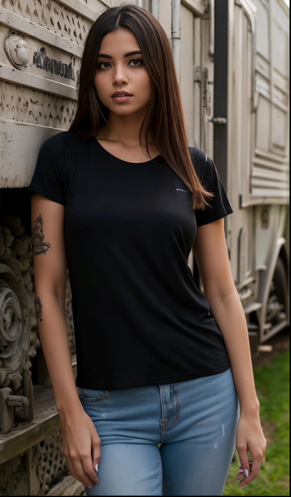 Mulher Araafed parada na frente de um trem com uma cerveja, camiseta preta, wearing a Camiseta preta, camiseta preta, Camiseta preta, vestindo uma camiseta preta, vestindo camiseta preta, camisa preta, wearing a camisa preta, fotografia de uma mulher techwear, Top preto, retrato no meio da cena, contorno preto, retrato frontal