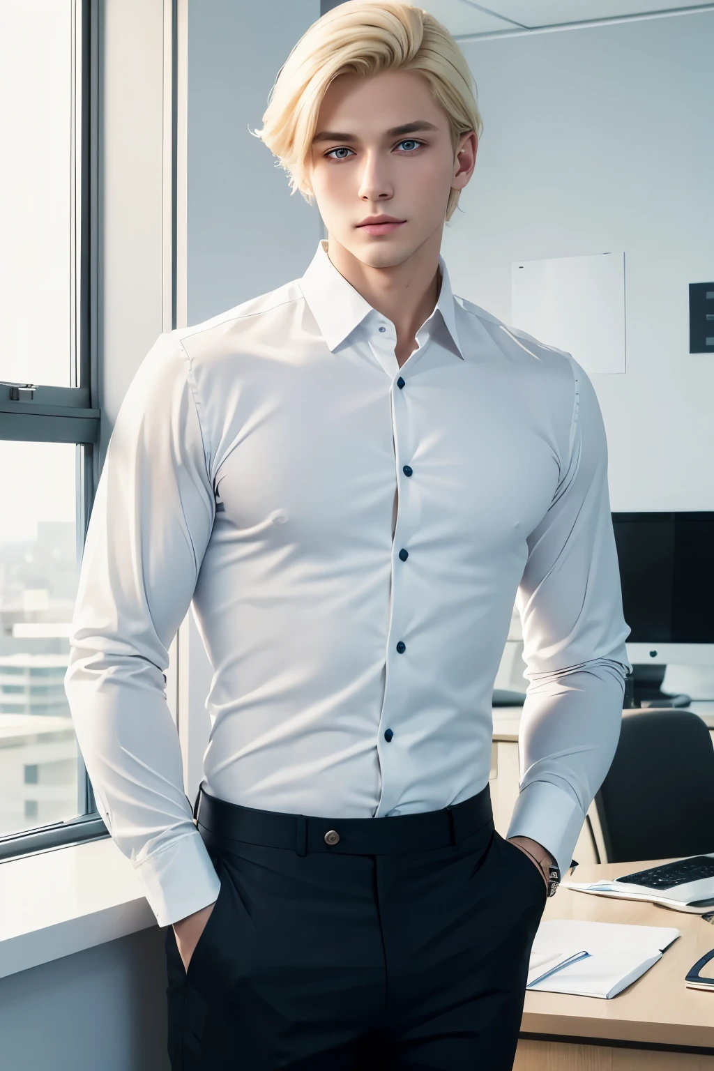 Young man, cute handsome, white flawless skin, no facial hair, blue opal eyes, plumpy peach lips, blond shoulder lenght beautiful hair, standing in the office, wearing white long sleeves button shirt and black pants, blue kets