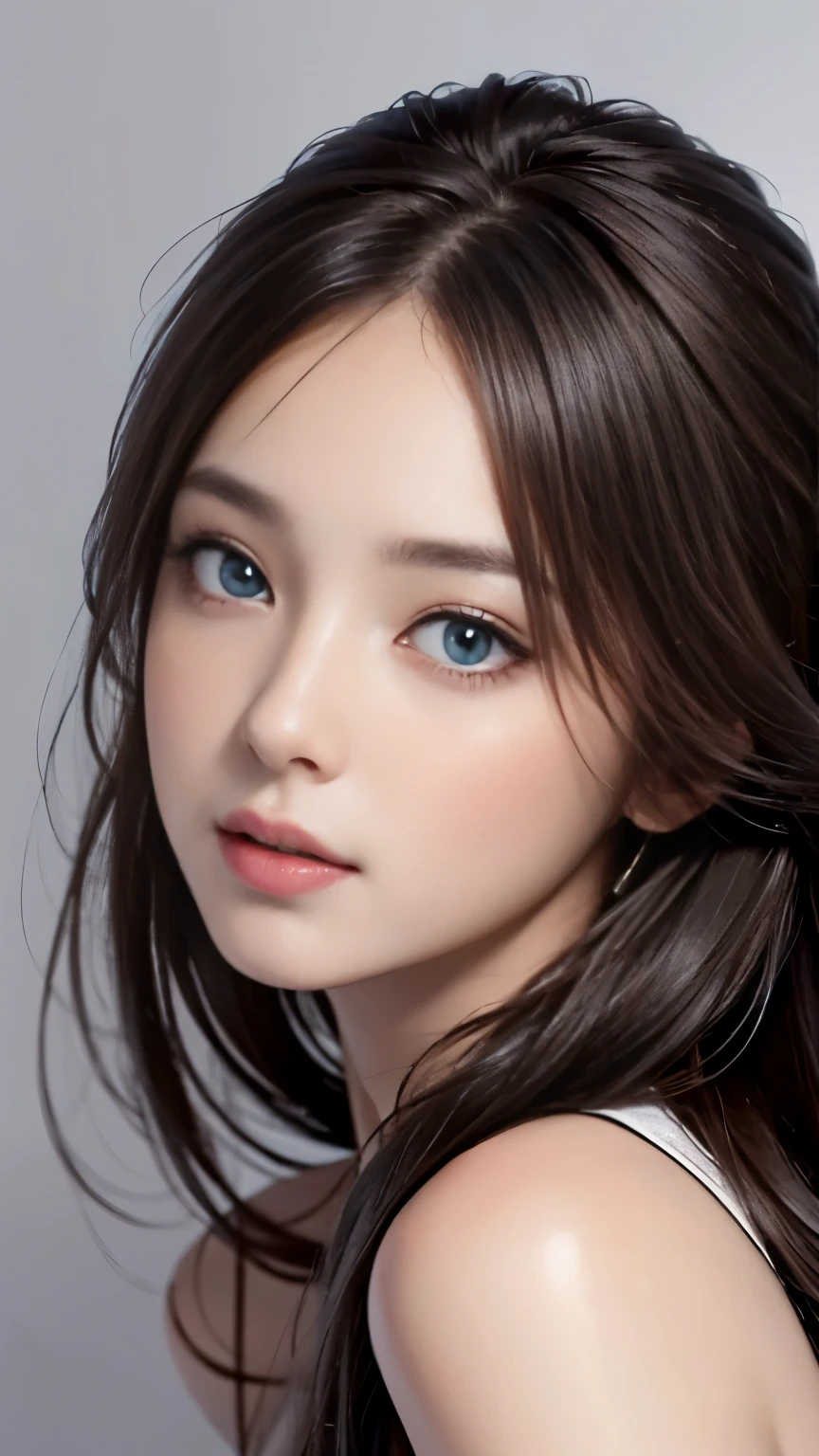 One girl, highest quality、masterpiece、超A high resolution、(Cowboy Shot),(Realistic), (Ultra-realistic), (Ultra-high resolution), (Ultra high definition), (One girl), ((Ultra-Realistic Details)),(Photorealistic:1.4)Beautiful Face, Cute face, 、RAW Photos、1 girl、Japanese young girl,masterpiece, highest quality, High Resolution Skinsタイトブラックトップ:1.2, View your viewers, Cinema Lighting, perfection, Soft Light, High Resolution Skins:1.2, Realistic skin texture, 20 year old beauty、Small Face、No makeup、, Off the shoulder,Bust B cup、 Exposed cleavage,blue eyes, Long Straight Hair, Dark brown hair、Gray background