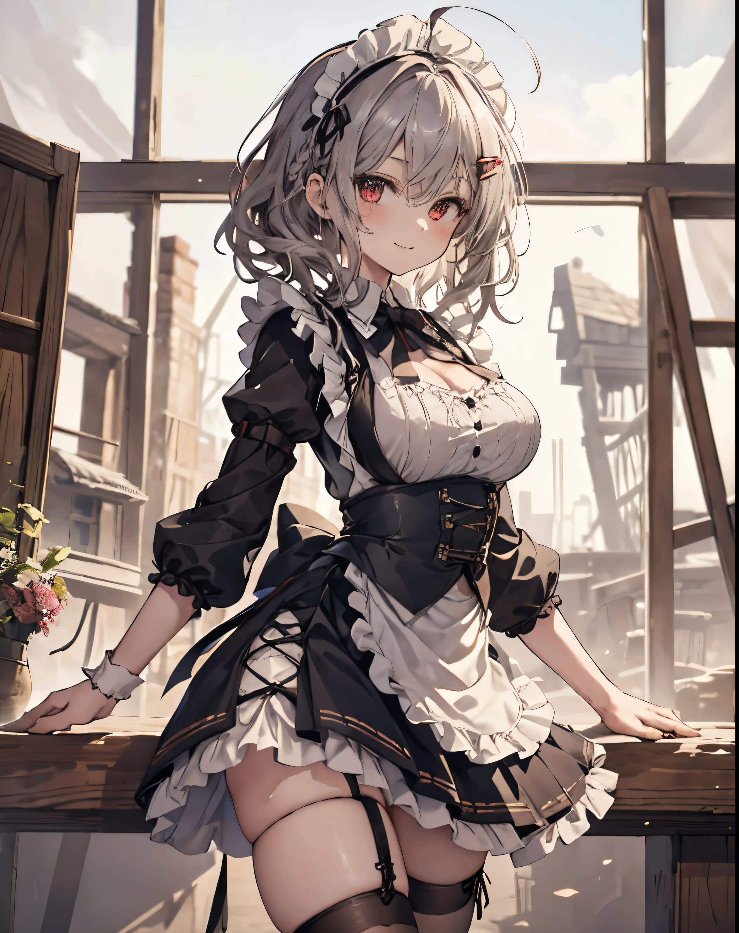 masterpiece, 1girl, sparrow, a silver haired girl, wearing a maid clothes, curly medium hair, messy hair, slim body, he close her left eye, shirt ornament, red eyes, sho show her back, ahoge, black vest, baby face, big breast, beautiful breasts, rounded breasts, braid hair, long sleeves, beautiful eyes, white stocking, droopy eyes, miniskirt, her age is 19 years old, seductive smile, village, fishnets, apron,skirt, maid headdress