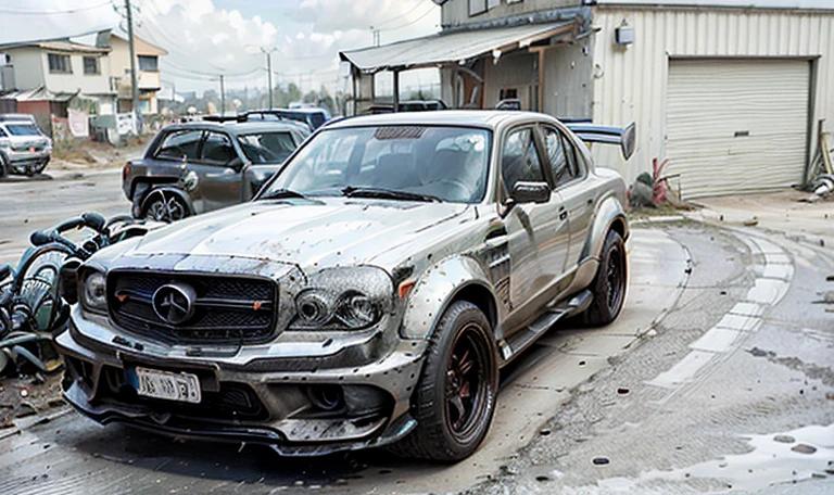Fast cars on the road, Wide body, Low quality granular, [ The art of math ]!!, Granular low quality, HDR shooting, kodakchrome : : Eight thousand, steel gray body, Mercedes, HD, HDR photos, A perfect masterpiece, Low resolution, hdr render, Made with photoshop