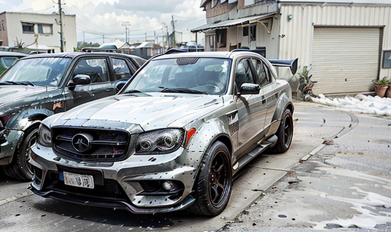 Fast cars on the road, Wide body, Low quality granular, [ The art of math ]!!, Granular low quality, HDR shooting, kodakchrome : : Eight thousand, steel gray body, Mercedes, HD, HDR photos, A perfect masterpiece, Low resolution, hdr render, Made with photoshop