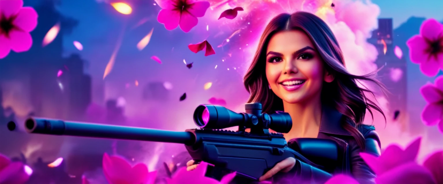 Movie Poster - poster of a movie with the big ((title "sniper")), (((victoria justice))), (((looking at the viewer))), (falling pink petals) (((((Smiling Face))))), (((neon light))), (electricity:1.2), (smoke:1.4), (RTX) cinematic film shot in 70mm, depth of field, vivid colors, (best quality,ultra-detalhado,Realistic:1.37), (8k, ARTISTIC photography, best quality, masterpiece: 1.2), (realistic, photorealistic:1.37), over-detailed, (high-detail skin: 1.2), 8k UHD, SLR camera, soft lighting, high quality, film grain, cinematic lighting, photonic display, brightness, physically rendered photo, (dynamic pose ), extremely high-quality graphics, over-detailed face, (((cinematic lighting))), ((clear details)),