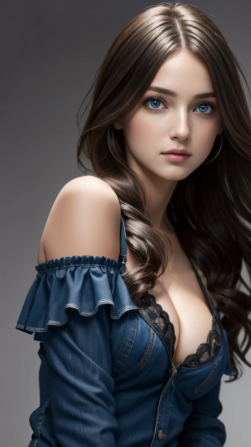 One girl, highest quality、masterpiece、超A high resolution、(Cowboy Shot),(Realistic), (Ultra-realistic), (Ultra-high resolution), (Ultra high definition), (One girl), ((Ultra-Realistic Details)),(Photorealistic:1.4)Beautiful Face, Cute face, 、RAW Photos、1 girl、Japanese young girl,masterpiece, highest quality, High Resolution Skinsタイトブラックトップ:1.2, View your viewers, Cinema Lighting, perfection, Soft Light, High Resolution Skins:1.2, Realistic skin texture, 20 year old beauty、Small Face、No makeup、, Off the shoulder,Bust B cup、 Exposed cleavage,blue eyes, Long Straight Hair, Dark brown hair、Gray background