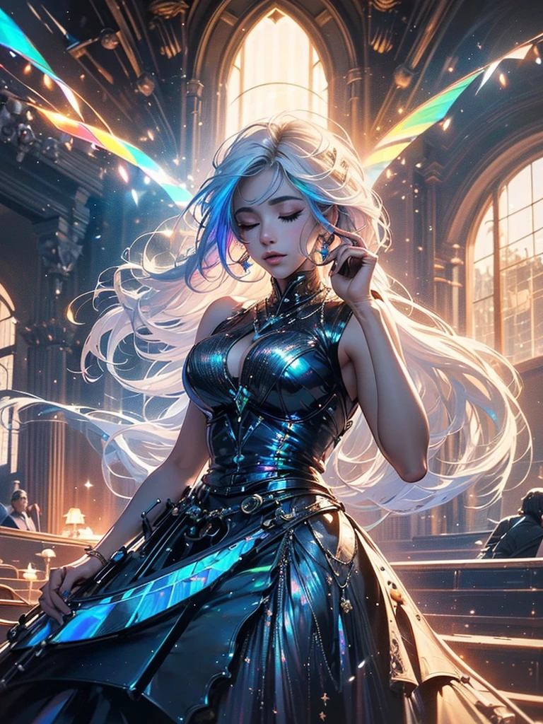 A super sexy woman with crossed legs (((playing the cello))), closed eyes with white eyelashes, enjoying the music, harmony, white hair, long sideburns, refined face, yellow lights at different heights, big ass, thick legs, { extremely detailed 16k CG unit wallpaper}, expansive landscape photography, (a low view focusing on the character), (wide open field view), (low angle shot), (high light: 1.8), (low light: 1.4), (warm light source: 1.8), complex details, (iridescent colors: 1.6), (bright lighting), (atmospheric lighting), dreamy, unique