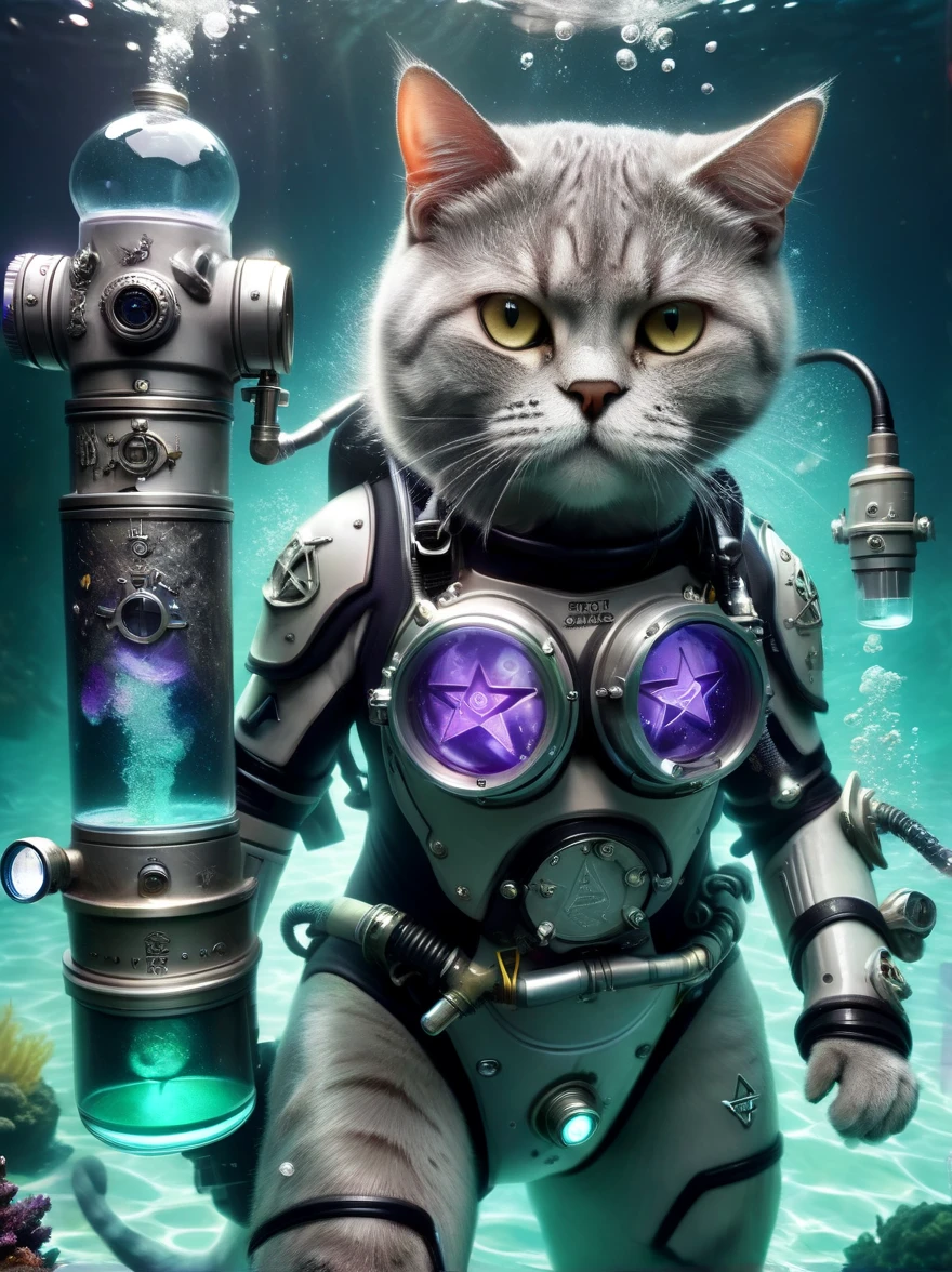Underwater scene,(diving),british shorthair catdiving员,solo, (穿着diving服:1.5),(Carrying an oxygen cylinder on his back:1.5),Racing on a motorcycle under the sea,Black tones,(Purple:0.5),Rune Inlay, (lemon green:0.8) Glowing magic fog. wizardcoreai