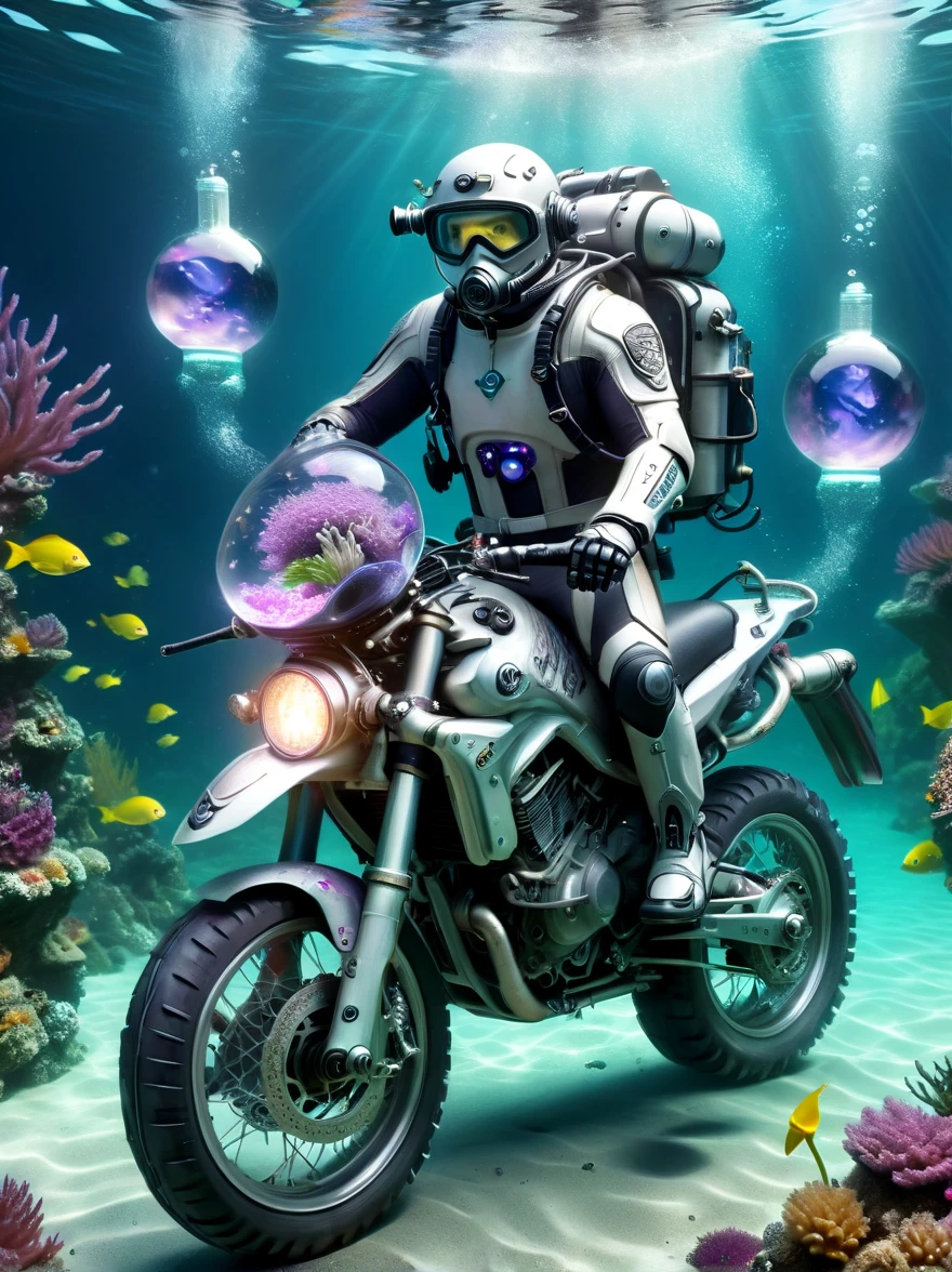 Underwater scene，(diving)，british shorthair catdiving员，solo, (穿着diving服:1.5)，(Carrying an oxygen cylinder on his back:1.5)，Racing on a motorcycle under the sea，Black tones，(Purple:0.5)，Rune Inlay, (lemon green:0.8) Glowing magic fog. wizardcoreai 