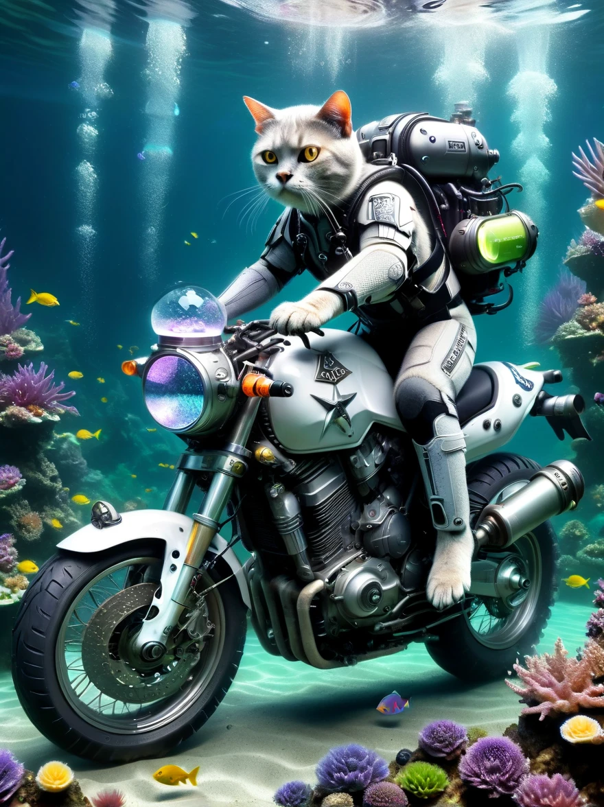 Underwater scene，(diving)，british shorthair catdiving员，solo, (穿着diving服:1.5)，(Carrying an oxygen cylinder on his back:1.5)，Racing on a motorcycle under the sea，Black tones，(Purple:0.5)，Rune Inlay, (lemon green:0.8) Glowing magic fog. wizardcoreai 