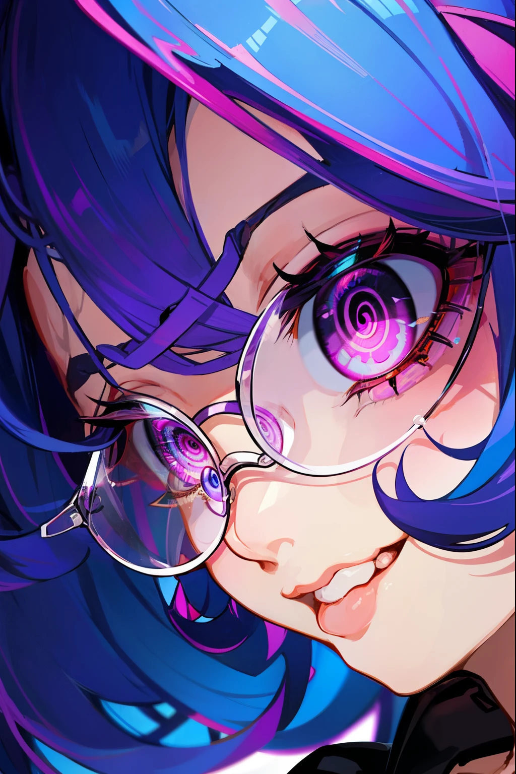  purple eyes, glasses, massive , big ass, juicy lips, big lips, droopy purple eyes, massive lashes,smiling,  facing forward, straight blunt bangs, purple highlights in hair, crazy expression, ((BLUE HAIR)), spiral eyes, @_@, wearing lab coat,eye ornament on har, spirals, full body , ((lab coat)), standing, holding phone, panty pull, ((hair ornament eyeball))