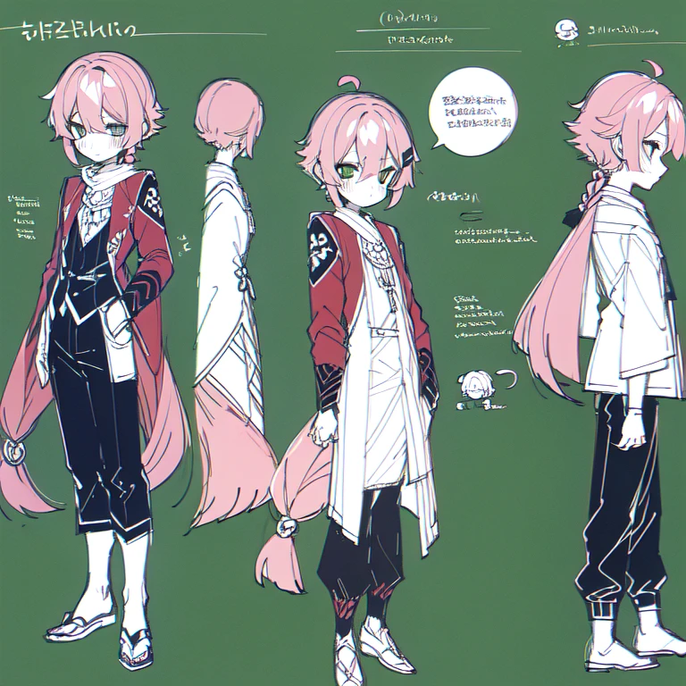 (Character design sheet, same character, front, side, backboob), 2D Anime Style, anime moe art style, asexual, pink hair, Long bangs, Thin twisted braid, golden eyes, glowing eyes, No clothes, Black limbs, cute art style, Anime-style illustration, anime girl, Author: Kamagurka, in Pixiv, pixiv style, pixiv, in anime style, anime art style, Full Body Commission