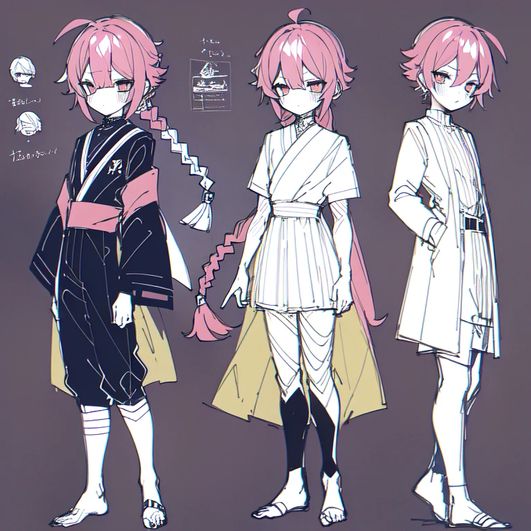 (Character Design Sheet, (((same character))), front, Side, back), 2D anime style, anime mo art style, 1 person, asexual, Pink hair, long bangs, thin twisted braid, golden eyes, Brilliant eyes, no clothes, Black limbs, cute art style, иллюстрация anime style, from Kamagurka, in pixiv, pixiv style, pixiv, anime style, anime art style, whole body commission