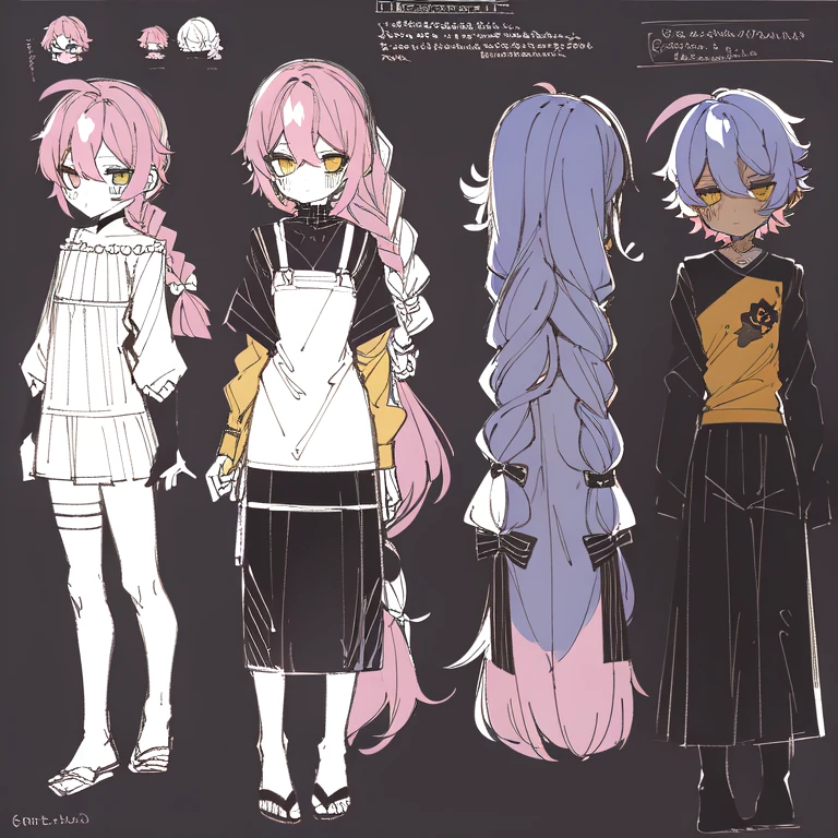 (Character Design Sheet, (((same character))), front, Side, back), 2D anime style, anime mo art style, 1 person, asexual, Pink hair, long bangs, thin twisted braid, golden eyes, Brilliant eyes, no clothes, Black limbs, cute art style, иллюстрация anime style, from Kamagurka, in pixiv, pixiv style, pixiv, anime style, anime art style, whole body commission