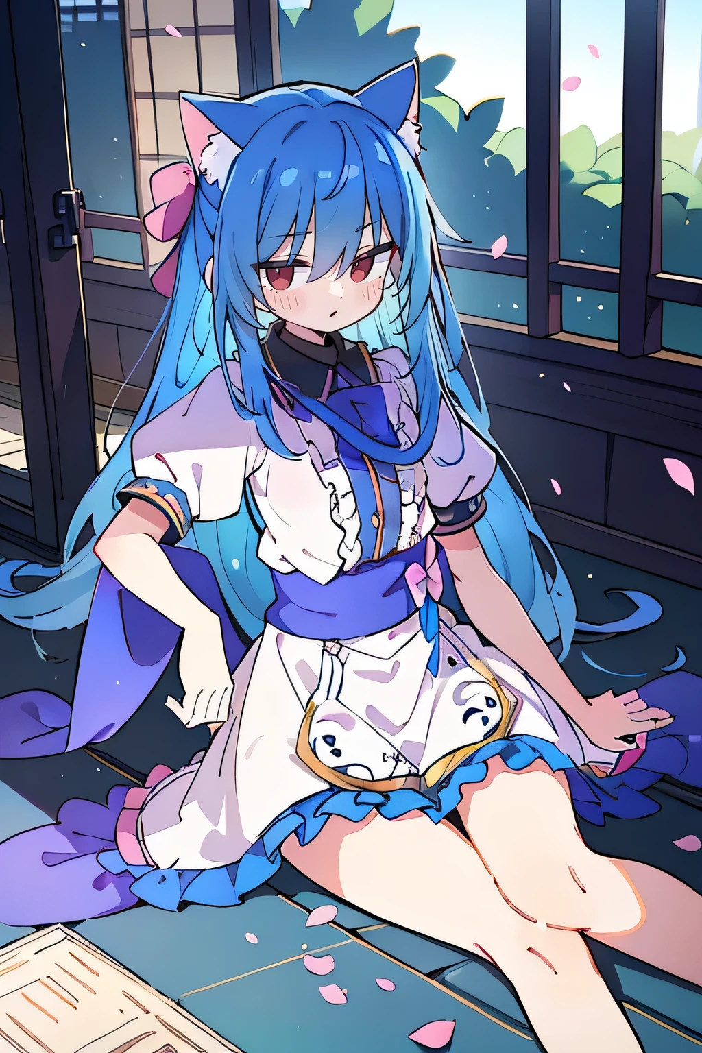 (masterpiece:1.2),ultra-detailed,realistic,expressive eyes,fair-skinned,perfectly shaped face,1girl,
Japanese cartoons,Gorgeous blue hair, flowing blue hair,floating clothes,cat ears,petals falling,beautiful Lola,Hina Angel,
hands on waist,gracefully sitting on the ground,legs crossed,gentle and serene background,cool and comfortable pavilion.