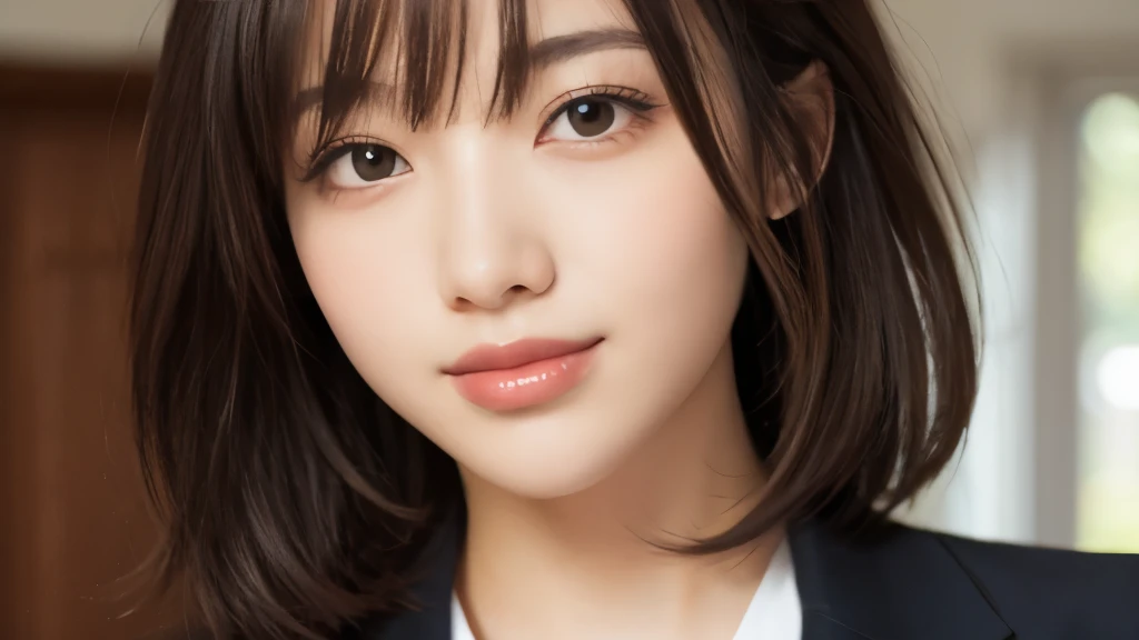 (masterpiece:1.2,highest quality),erase the background,1 young woman,((suit)),(Big Breasts),Looking to the side,Black wavy hair,((Fine and beautiful eyes)),blushed,Healthy Skin,(smile),8k resolution