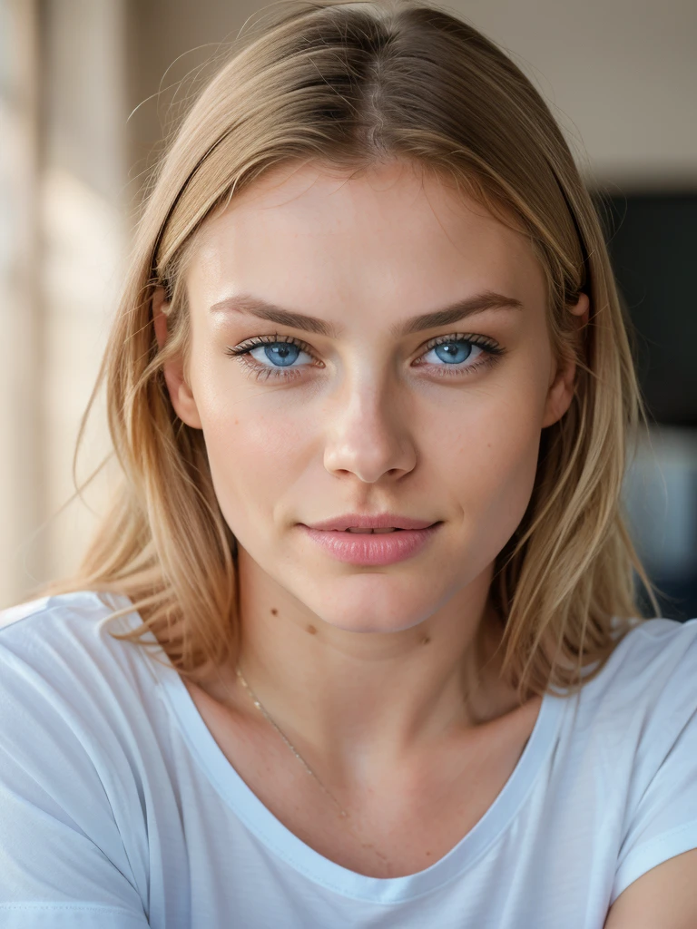 18 years old blonde girl, intense blue eyes, wearing t-shirt,nice cleavage, belly exposed, High resolution, Masterpiece, Best quality, Intricate details, highly detailed, sharp focus, detailed skin, realistic skin texture, texture, detailed eyes, professional, 4K, charming smile, shot on Canon, 85mm, shallow depth of field, Kodak Vision color, perfect fit body, Extremely detailed, photographed_\(ultra\), photorealistic, Realistic, Post-processing, Maximum details, roughness, real life, ultra realist, photorealism, photography, 8K UHD, photography.