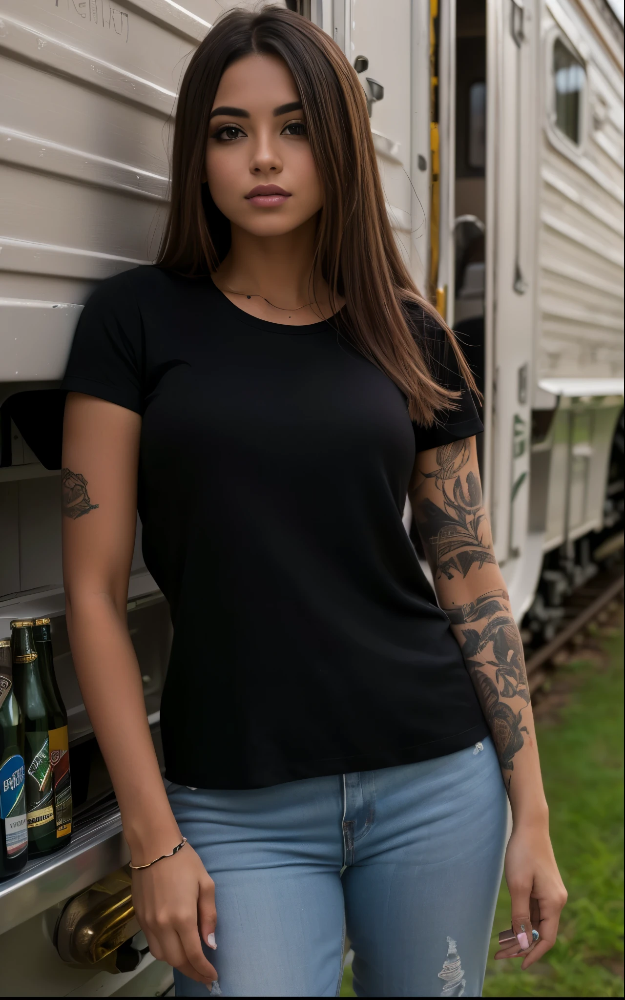 Mulher Araafed parada na frente de um trem com uma cerveja, camiseta preta, wearing a Camiseta preta, camiseta preta, Camiseta preta, vestindo uma camiseta preta, vestindo camiseta preta, camisa preta, wearing a camisa preta, fotografia de uma mulher techwear, Top preto, retrato no meio da cena, contorno preto, retrato frontal