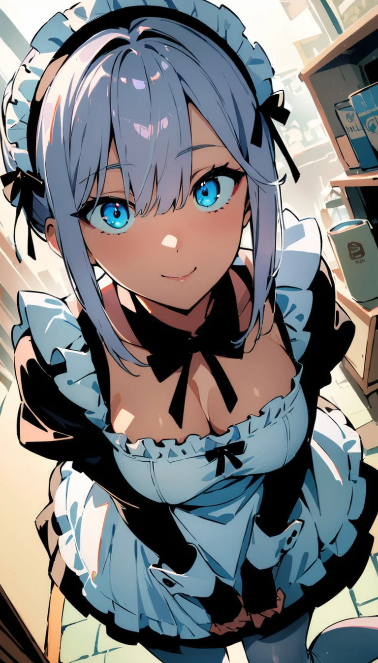 (high quality, 8k, 4K, High Contrast, masterpiece:1.2, 最high quality, Best aesthetics), , Maid, Very detailed, Seductive and erotic girl with lace headdress, smile, (Normal milk, Silver fur), Focus on the face, Focus on the face, Complex eyes, tights, laced tights, coffee shop, Ground angle shot, Viewers looking up, feet in tights, Open-chested clothing