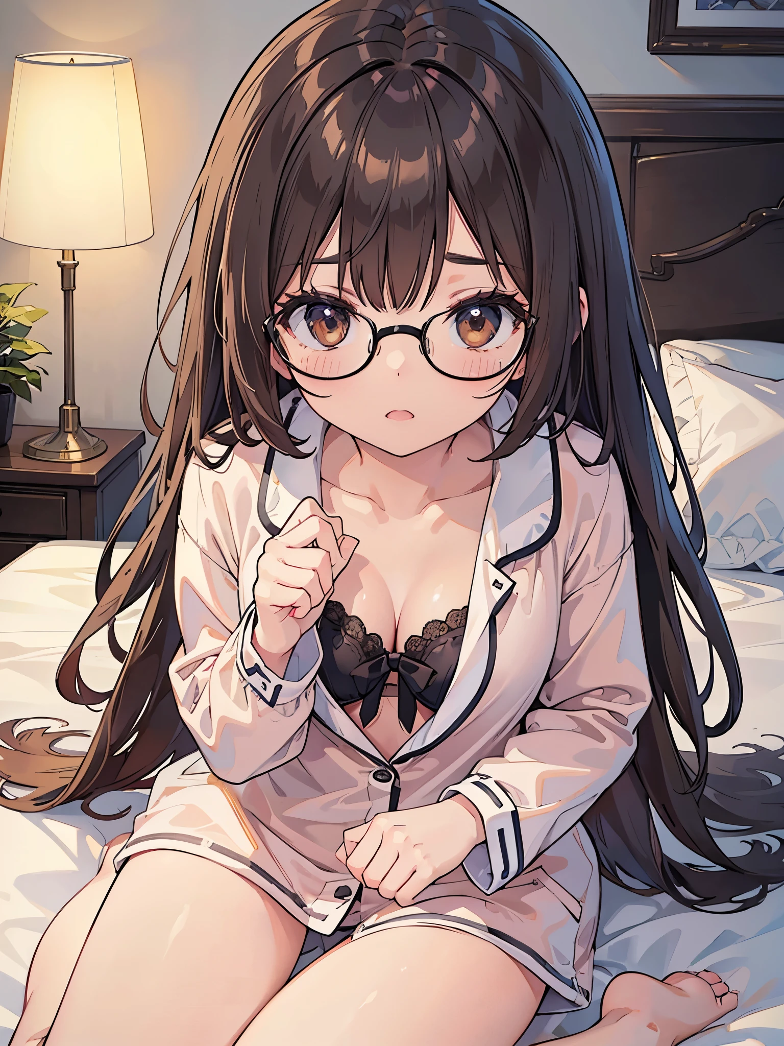 1 Female、Brown hair、Brown Eyes、Best Quality、Super detailed、8 Resolution、Raw photo、Mastepiece、Perfect Body、high resolution、highest quality、Detailed drawing、Vibrant colors、lure、Long Hair、Black-rimmed glasses、Captivating breasts、Sit on the bed、In pajamas、Listless face