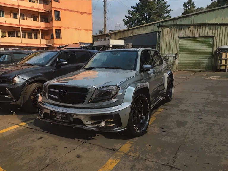 There are two cars parked side by side in the parking lot, Wide body, Low quality granular, [ The art of math ]!!, Granular low quality, HDR shooting, kodakchrome : : Eight thousand, steel gray body, Mercedes, HD, HDR photos, A perfect masterpiece, Low resolution, hdr render, Made with photoshop