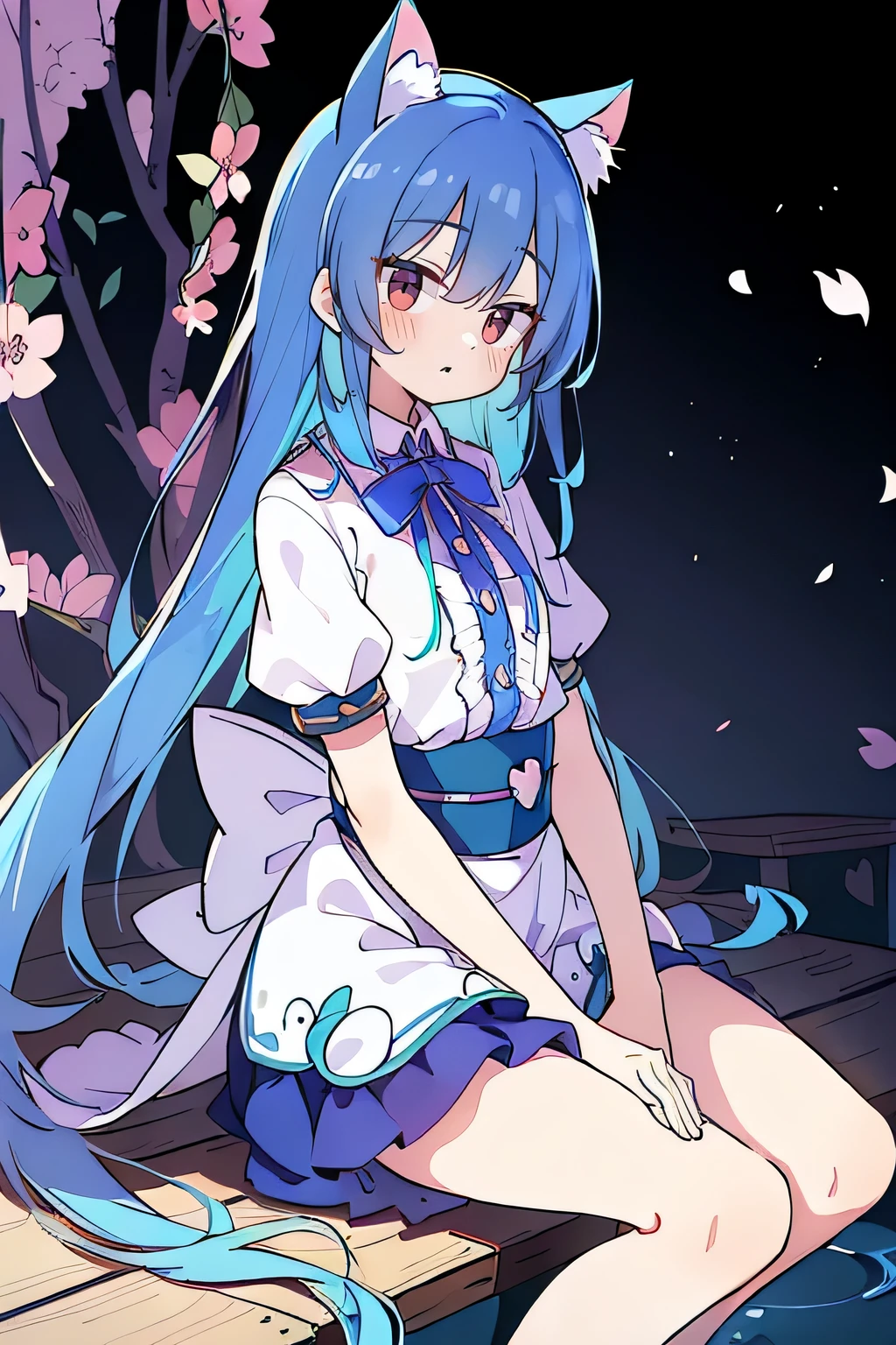 (masterpiece:1.2),ultra-detailed,realistic,expressive eyes,fair-skinned,perfectly shaped face,1girl,
Japanese cartoons,Gorgeous blue hair, flowing blue hair,floating clothes,cat ears,petals falling,beautiful Lola,Hina Angel,
hands on waist,gracefully sitting on the ground,legs crossed,gentle and serene background,cool and comfortable pavilion.