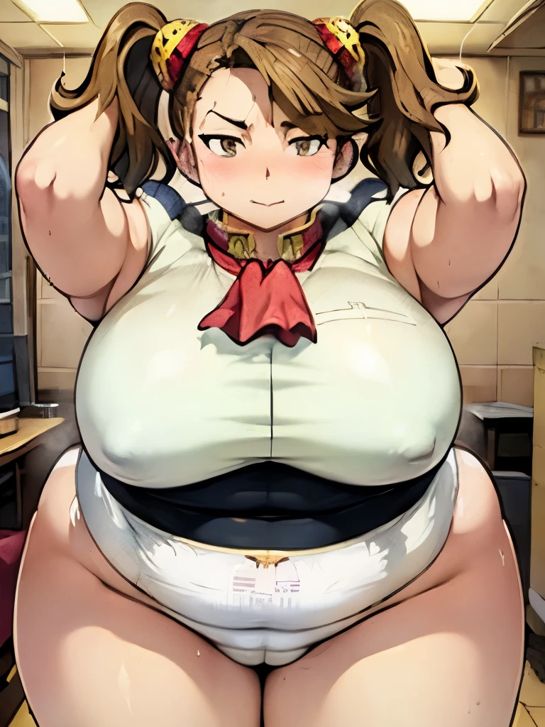 A girl wearing a white diaper, Big booty, Curvaceous loot, Brown Hair,Light brown eyes,Muscular!!,Blushed,Troubled expression,steam,Sweat,Steam coming from the body,She wears a white plastic diaper!!,Big Ass!!,Dog Pose!!!,pigtails,Strong-boned body,Stocky figure,Good body of gatai,Cowboy Shot,BIG Boned,