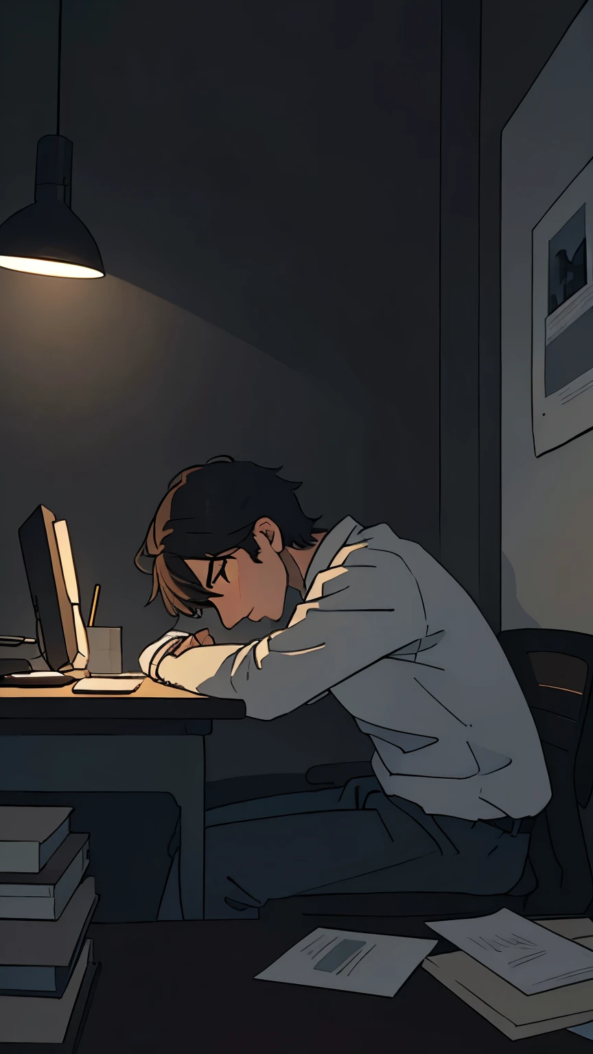 masterpiece，best quality，office，Dark late at night，A man lying on his desk