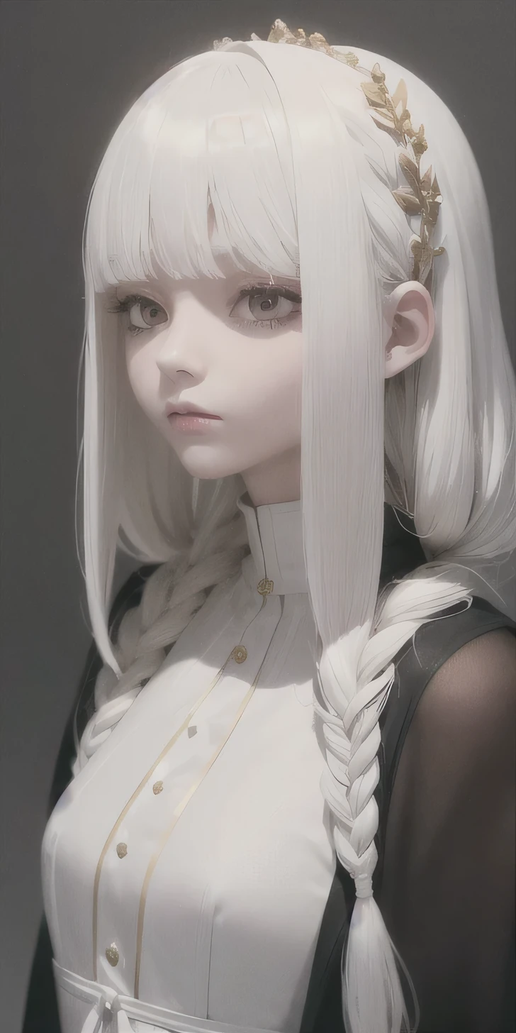 best quality, masterpiece,white hair, gold eyes,white clothes, looking up, upper body,hair strand,Fair skin,side braids