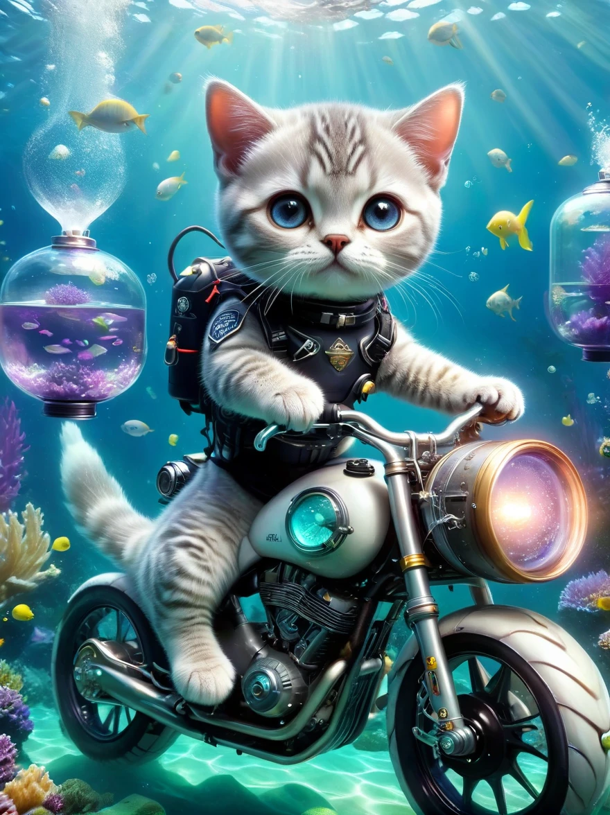 Underwater scene，(diving)，british shorthair catdiving员，solo, (穿着diving服:1.5)，(Carrying an oxygen cylinder on his back:1.5)，Racing on a motorcycle under the sea，Black tones，(Purple:0.5)，Rune Inlay, (lemon green:0.8) Glowing magic fog. wizardcoreai 