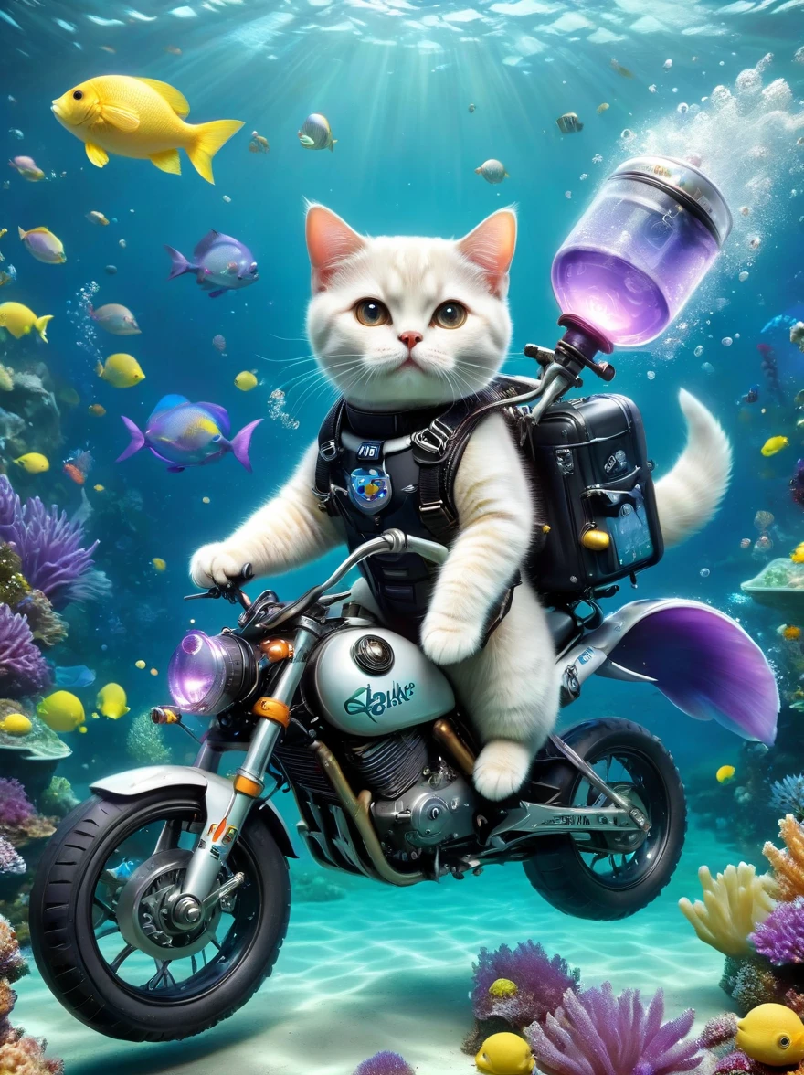 Underwater scene,(diving),british shorthair catdiving员,solo, (穿着diving服:1.5),(Carrying an oxygen cylinder on his back:1.5),Racing on a motorcycle under the sea,Black tones,(Purple:0.5),Rune Inlay, (lemon green:0.8) Glowing magic fog. wizardcoreai