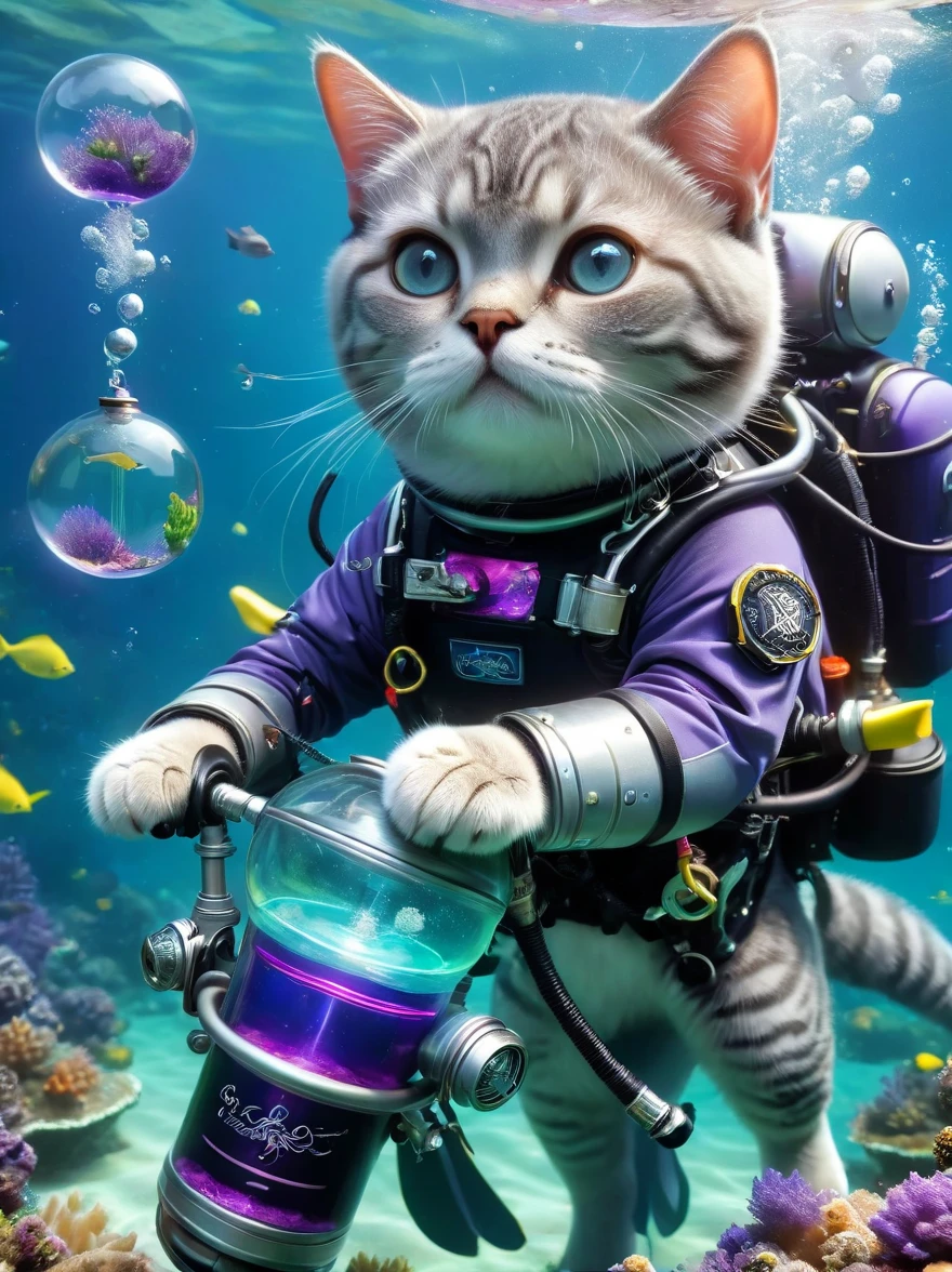 Underwater scene，(diving)，british shorthair catdiving员，solo, (穿着diving服:1.5)，(Carrying an oxygen cylinder on his back:1.5)，Racing on a motorcycle under the sea，Black tones，(Purple:0.5)，Rune Inlay, (lemon green:0.8) Glowing magic fog. wizardcoreai 