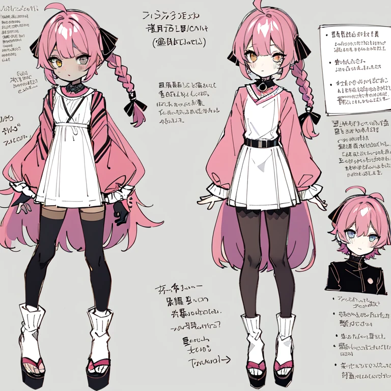 character reference sheet, concept art, cute boy, femboy, beautiful legs, tiger ears, pink hair, two ponytails, gamer