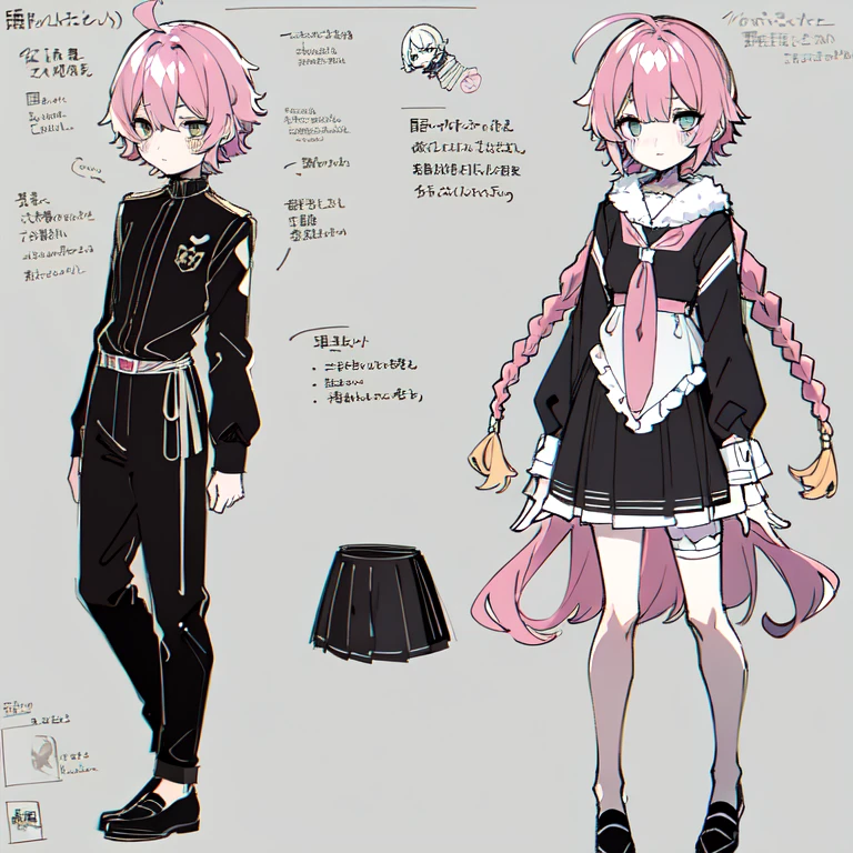 (Character Design Sheet, (((same character))), front, Side, back), 2D anime style, anime mo art style, 1 person, asexual, Pink hair, long bangs, thin twisted braid, golden eyes, Brilliant eyes, no clothes, Black limbs, cute art style, иллюстрация anime style, from Kamagurka, in pixiv, pixiv style, pixiv, anime style, anime art style, whole body commission