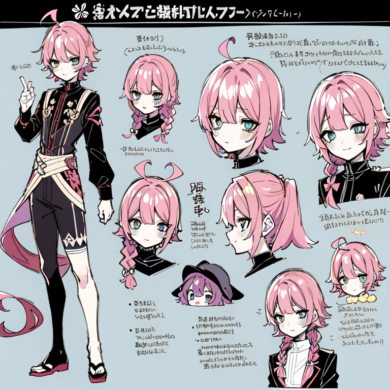 (Character Design Sheet, (((same character))), front, Side, back), 2D anime style, anime mo art style, 1 person, asexual, Pink hair, long bangs, thin twisted braid, golden eyes, Brilliant eyes, no clothes, Black limbs, cute art style, иллюстрация anime style, from Kamagurka, in pixiv, pixiv style, pixiv, anime style, anime art style, whole body commission