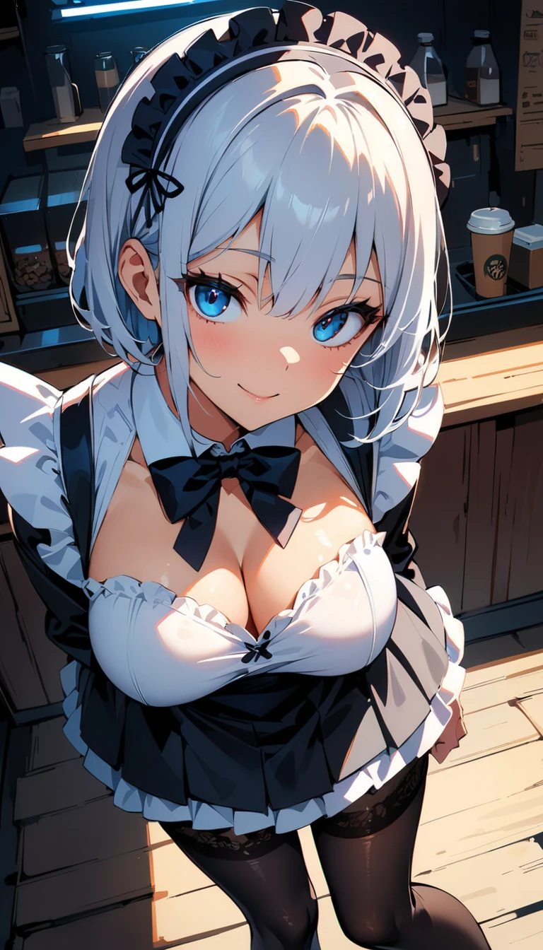 (high quality, 8k, 4K, High Contrast, masterpiece:1.2, 最high quality, Best aesthetics), , Maid, Very detailed, Seductive and erotic girl with lace headdress, smile, (Medium breast, Silver fur), Focus on the face, Focus on the face, Complex eyes, tights, laced tights, coffee shop, Ground angle shot, Viewers looking up, feet in tights, Open-chested clothing