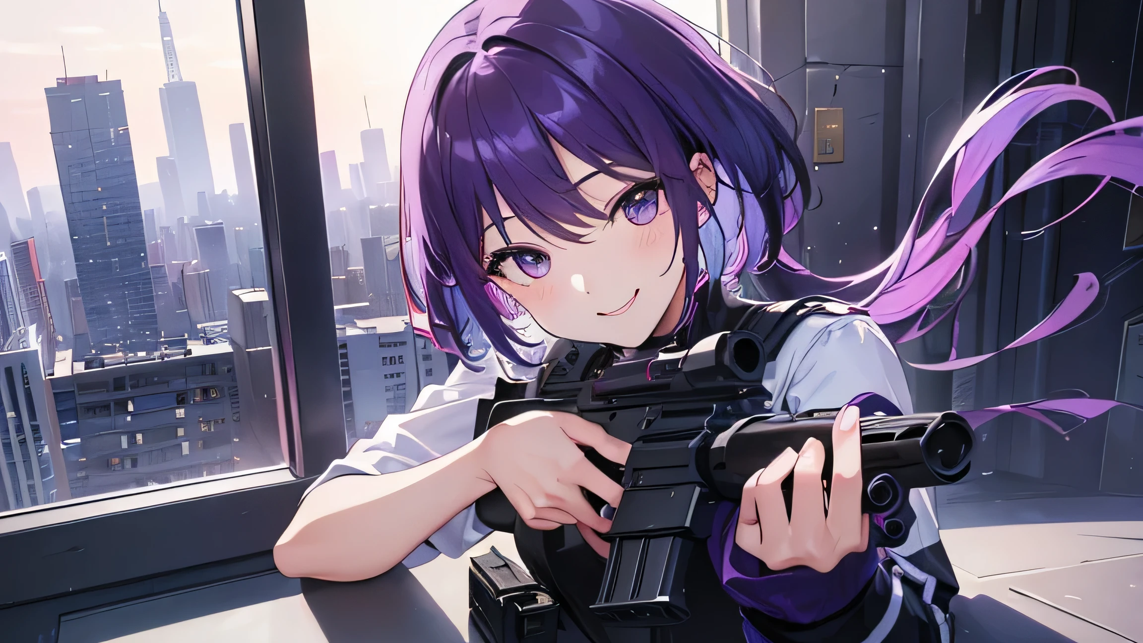(T Masterpiece，4k wallpaper，Best Quality))、((girl１people))、(solo)、Bright and Brilliant，(Purple Hair)、(Shortcuts:1.3)、smile、、gun、City