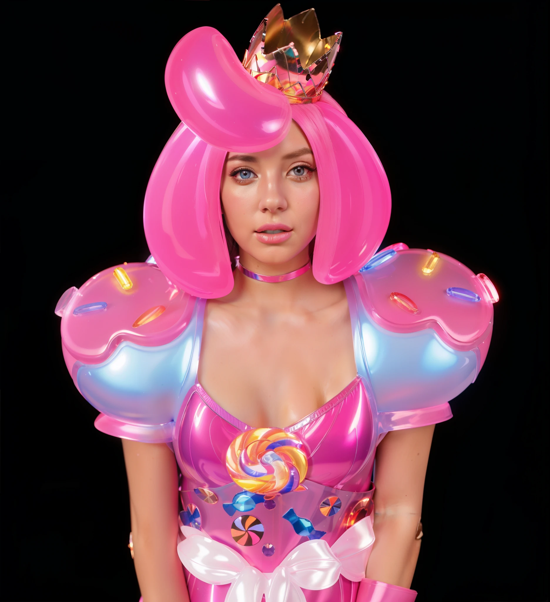 A queen made of candy, with pink icing, a crown, and two hands. She is wearing a pink dress and standing on a blue surface. outfit made of candies melting glossy. glossy texture, smooth 3d model, multiple light sources, rim light, sharp post effects render, (glossy plastic texture with multiple big light probe refractions), perfect cgi, smooth silhouette, high intensity refraction, (super glossy material), most beautiful vfx, blue background, plastic refractions, realistic, 4k, high resolution, rim light, photo shoot, commercial photo, profile shot, 4k, rim light, high resolution, 4k, glossy texture, smooth 3d model, multiple light sources, rim light, sharp post effects render, (glossy metallic texture with multiple big light probe refractions), perfect cgi, cgi art created only with gradients, smooth silhouette, high intensity refraction, (super glossy chrome material), most beautiful vfx, blue background, chrome metal refractions, multiple light sources, rim light, sharp post effects render, perfect cgi, digital art, detailed digital art, reflective, best quality, 4k, masterpiece:1.2, ultra-detailed, realistic, vivid colors, dark and moody lighting, The image of the highest quality, ensuring every detail showcased perfectly. It in 4k resolution, allowing viewers to immerse themselves in the richness of the colors and intricate details. The realistic rendering. under the spotlight, reflecting, high-resolution image, realistic rendering, dark background, and rim light photorealistic