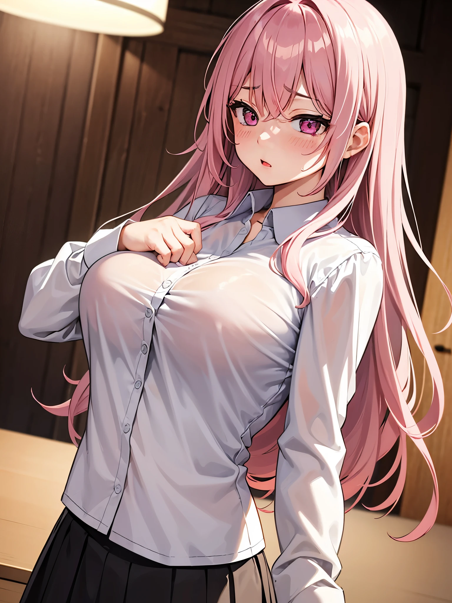 (masterpiece,highest quality, detailed), One girl, alone, indoor, night, Upper Body, Sweat, Ahegao, Roll your eyes, blush, naked、Pink Hair,Messy wavy long hair,open chest white shirt、A tight-fitting shirt、Black flared skirt、Big Breasts