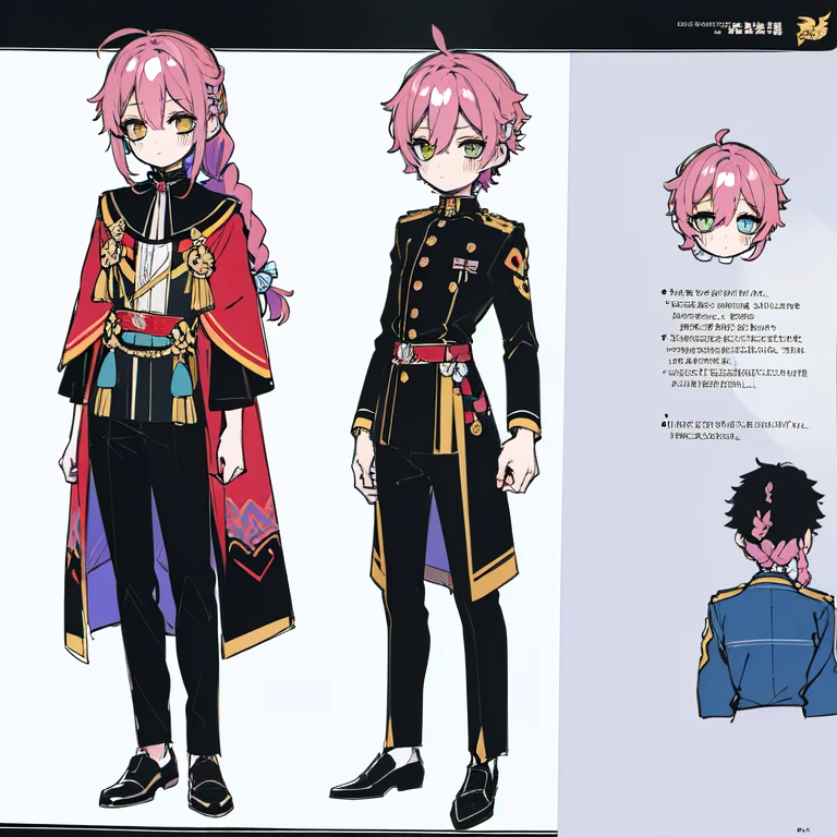 (Character Design Sheet, (((same character))), front, Side, back), 2D anime style, anime mo art style, 1 person, asexual, Pink hair, long bangs, thin twisted braid, golden eyes, Brilliant eyes, no clothes, Black limbs, cute art style, иллюстрация anime style, from Kamagurka, in pixiv, pixiv style, pixiv, anime style, anime art style, whole body commission
