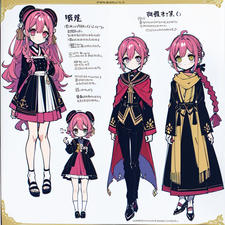 (Character Design Sheet, (((same character))), front, Side, back), 2D anime style, anime mo art style, 1 person, asexual, Pink hair, long bangs, thin twisted braid, golden eyes, Brilliant eyes, no clothes, Black limbs, cute art style, иллюстрация anime style, from Kamagurka, in pixiv, pixiv style, pixiv, anime style, anime art style, whole body commission