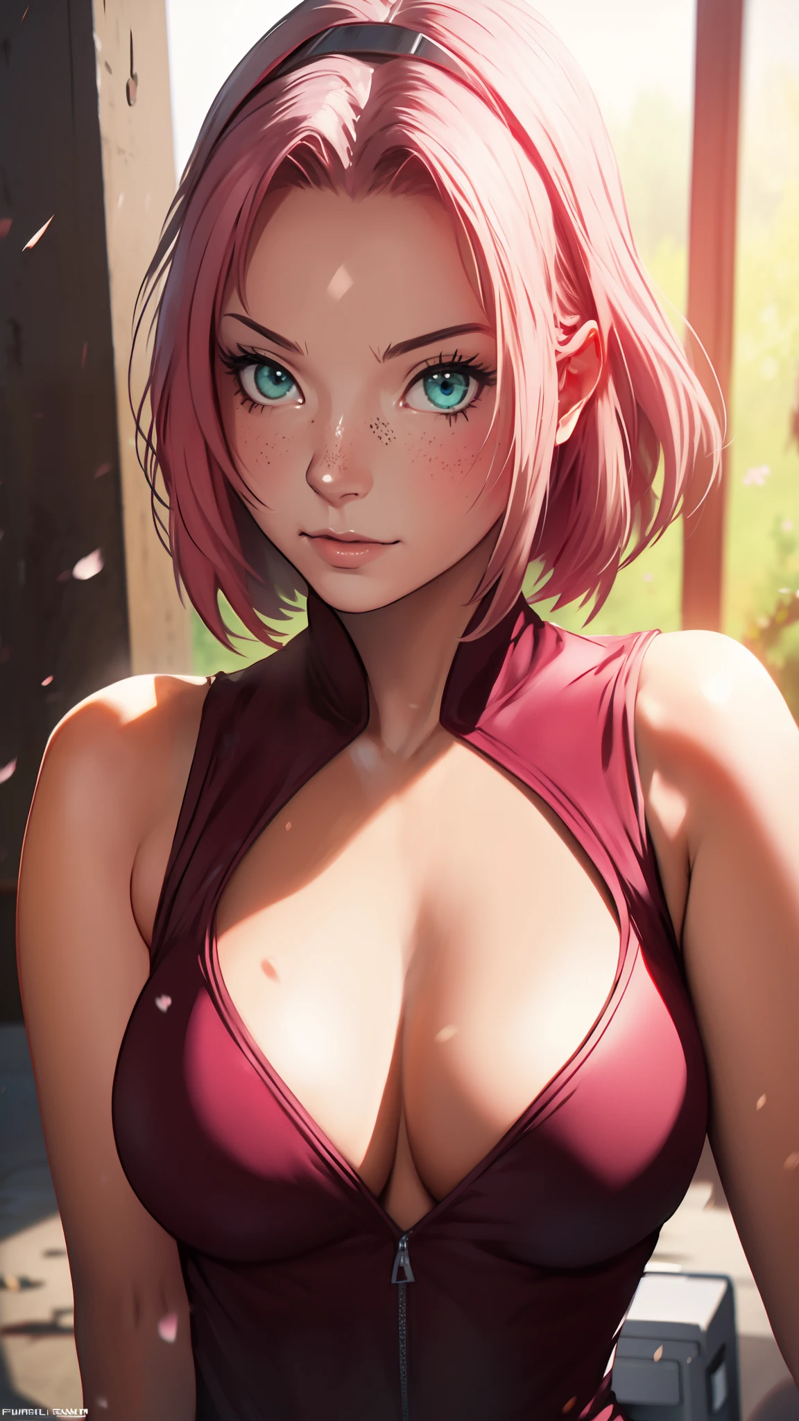 Sakura super realistic,sexy one piece ninja suit, one-girl,Large breasts,cleavage,Be red in the face,best quality,masterpiece,sharp fokus, contrasty lighting, Delicate skin, High resolution 8K, insanely details, realistically, professional photoshooting, 8K UHD, SLR camera, soft lighting, high high quality, film grain, Fujifilm XT3,Keep one's mouth shut,particle fx